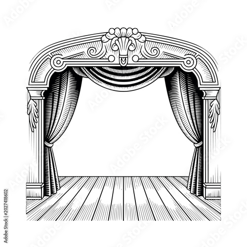 Vintage theater stage with classic ornate arch elegant drapes and wooden floor traditional hand drawn engraving style vector illustration.