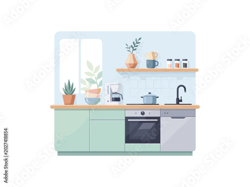 Modern kitchen interior with appliances and plants
