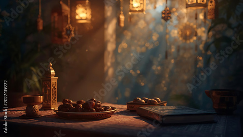 Ramadan Iftar Table Setting with Dates, Lanterns, and Quran