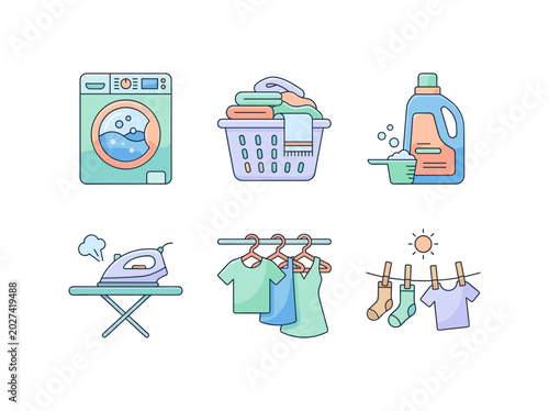 Laundry process illustrated with clothes and appliances