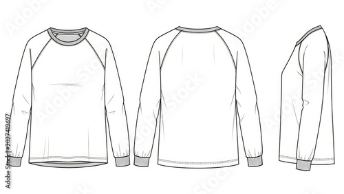 A white long-sleeve shirt with raglan sleeves shown from front, back, and side views mockup isolated on white background