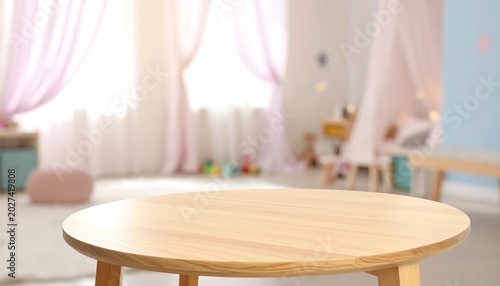 Round Wooden Table Standing in Soft Pastel Childrens Playroom