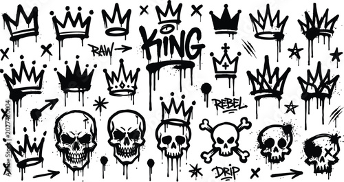 Foto Graffiti spray paint crown mega set with dripping king skulls and crossbones vector, urban street art emblem collection