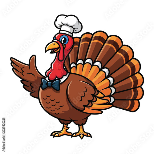 Cartoon Thanksgiving Turkey Wearing Chef Hat and Apron Holding Feathers in Colorful Illustration