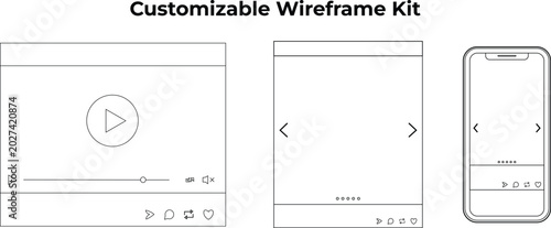 Foto Customizable wireframe kit for uiux design and prototyping, featuring video play