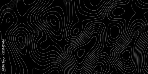 Topographic map background with white contour lines on black vector abstract terrain isoline pattern, abstract black and white topographic contour lines organic flowing curves vector background.
