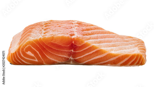 Canvas-taulu Fresh raw salmon fillet with distinct orange flesh and white fat lines, isolated