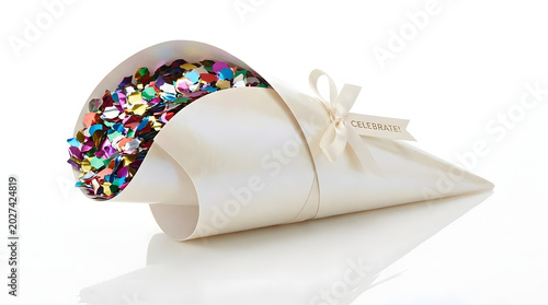 White paper cone filled with colorful metallic confetti tied with a ribbon labeled celebrate on a white background