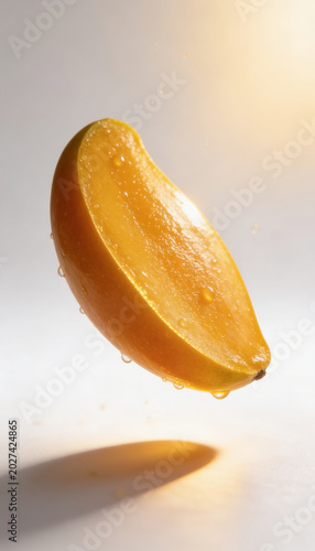 Juicy Ripe Mango Slice with Water Drops Floating against Bright Minimalist Studio with light Background