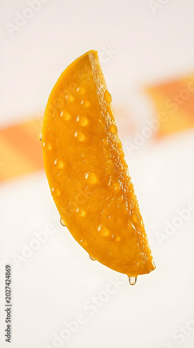 Juicy Ripe Mango Slice with Water Drops Floating against Bright Minimalist Studio Background
