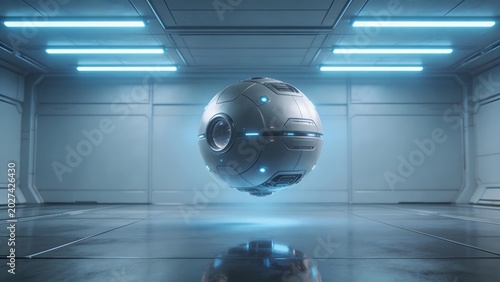 Floating spherical robot in futuristic room