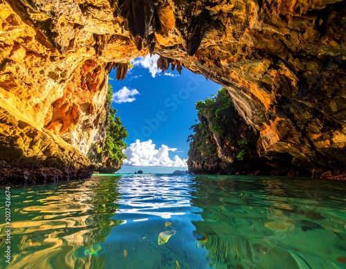 Sunlit Limestone Cave Opening Over Clear Turquoise Sea in Tropical Coast