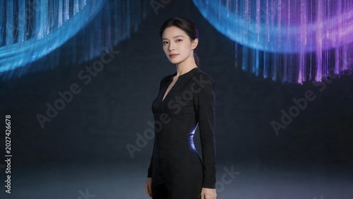 Woman in black dress with colorful lights