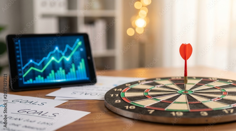 Fototapeta premium Dartboard with a red dart in the bullseye stands on a table beside a tablet showing rising financial charts, linking target achievement, planning, and business growth in a modern workspace.
