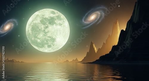 Stunning cosmic landscape with full moon and spiral galaxies over alien mountains