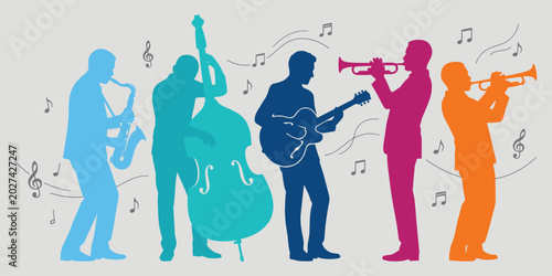 Canvas Print Colorful Jazz Band Musician Silhouettes Performing with Saxophone Double Bass Gu
