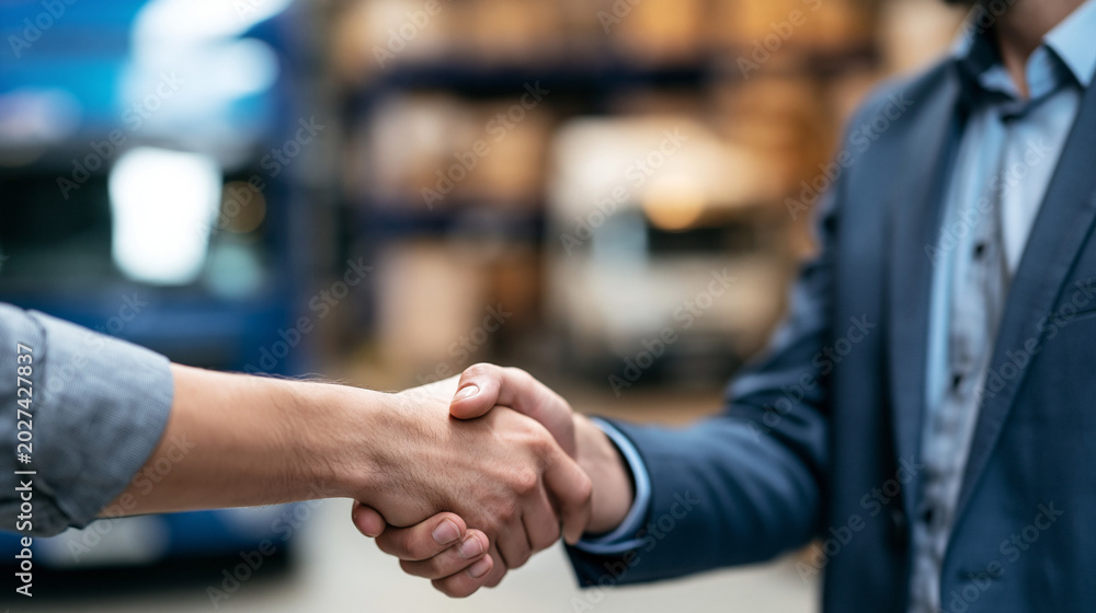 Fototapeta premium Freight logistics manager and corporate businessman handshake, warehouse shelving or truck fleet defocused in background, freight and shipping deal and logistics partnership