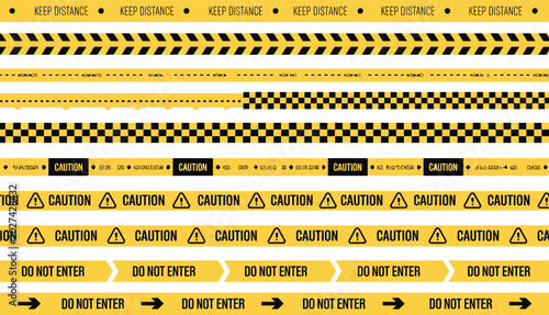 Warning caution tape icons, hazard safety tapes in yellow and black for emergency warning and restricted zone graphics.