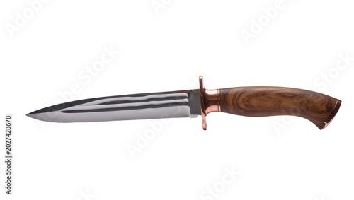 Foto Polished steel hunting knife with curved wooden handle and copper accents, isola