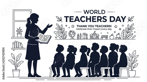 Photos Silhouette illustration of a teacher instructing a group of young students in a classroom setting