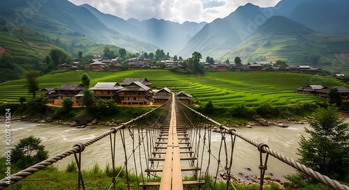 Rustic Suspension Bridge Crossing River Toward Green Mountain Village