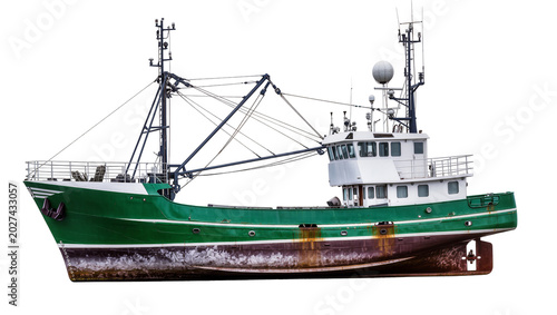 Canvastavla Green fishing trawler with rusty hull, isolated on transparent background