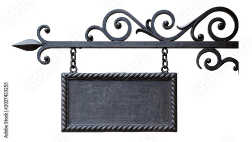 Foto Ornate wrought iron hanging sign with decorative scrollwork, isolated on transpa
