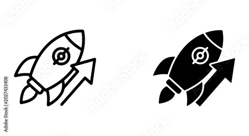 Schilderij op canvas Rocket Ship Launching Upward Arrow, Business Growth Icon Set, Startup Success Ve