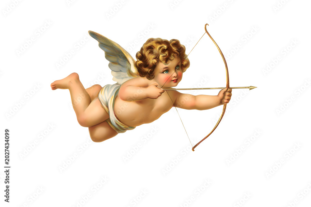 Obraz premium Vintage cupid illustration with bow and arrow isolated on white background. Love and valentine concept with retro romantic aesthetic.