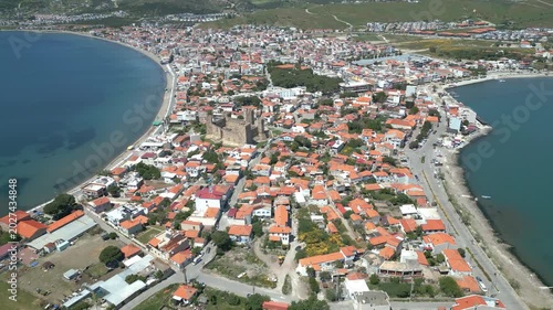Aerial View of Candarli Peninsula and Coastal Town with Turquoise Aegean Sea, Izmir, Turkey. High quality 4k footage