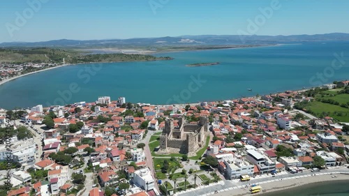 Aerial View of Candarli Castle and Coastal Town at Sunny Day, Izmir, Turkey. High quality 4k footage