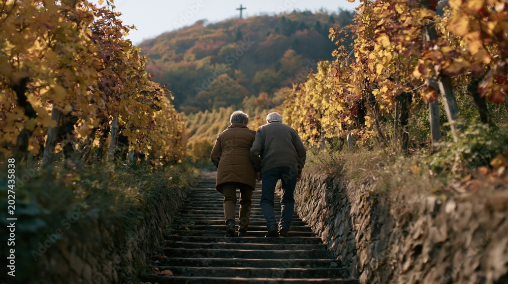Fototapeta premium A heartfelt documentarystyle medium shot of an elderly couple climbing a rustic stepped path surrounded by colorful autumn vineyards with the cross atop the hill softly out of