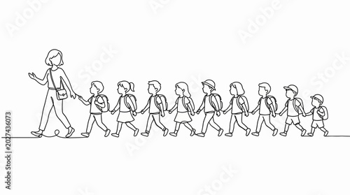 Obraz na płótnie Continuous line drawing of a teacher leading a group of school children