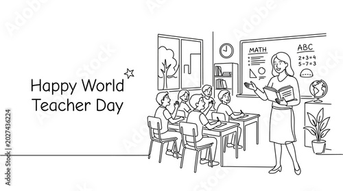 Foto Line art illustration of a teacher instructing students in a classroom for World Teacher Day