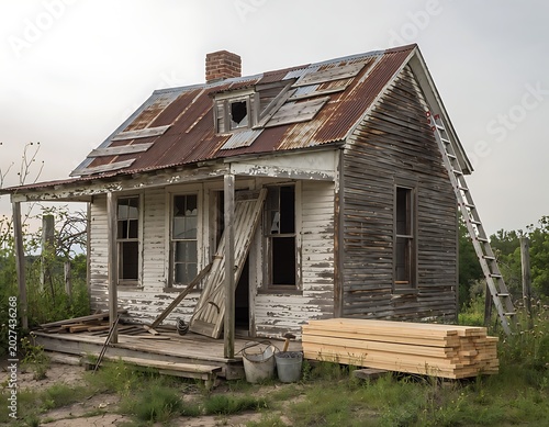 Old weathered wooden house under renovation in rural countryside.