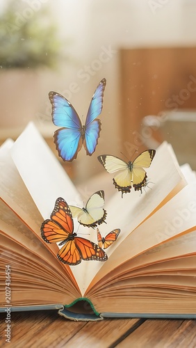 Open book with colorful butterflies flying out of the pages.