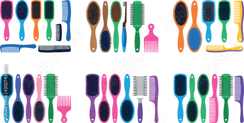 Fotografía Colorful hairbrush and comb vector set collection featuring various hair care to