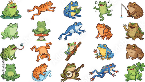 Obraz na płótnie Cute cartoon frog characters collection with funny activities playing banjo read