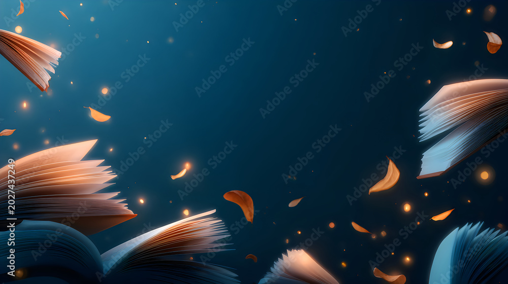Fototapeta premium Magical glowing book pages with sparkling light effects on dark background