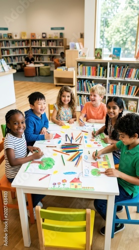 Diverse group of child pupils drawing with colorful crayons at a library table. Kindergarten students doing creative art activity together. Concept of preschool education and friendship.
