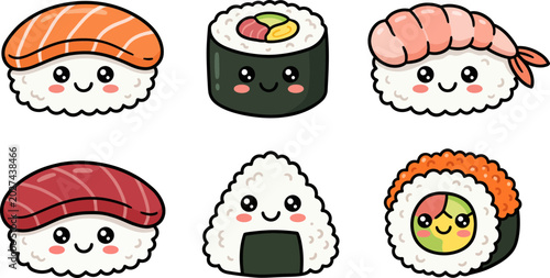 Foto Set of cute kawaii sushi rolls and nigiri featuring happy smiling faces designed