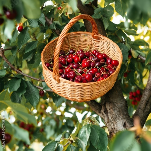 Cherry Basket Hanging on Tree Branch During Harvest Season in Summer