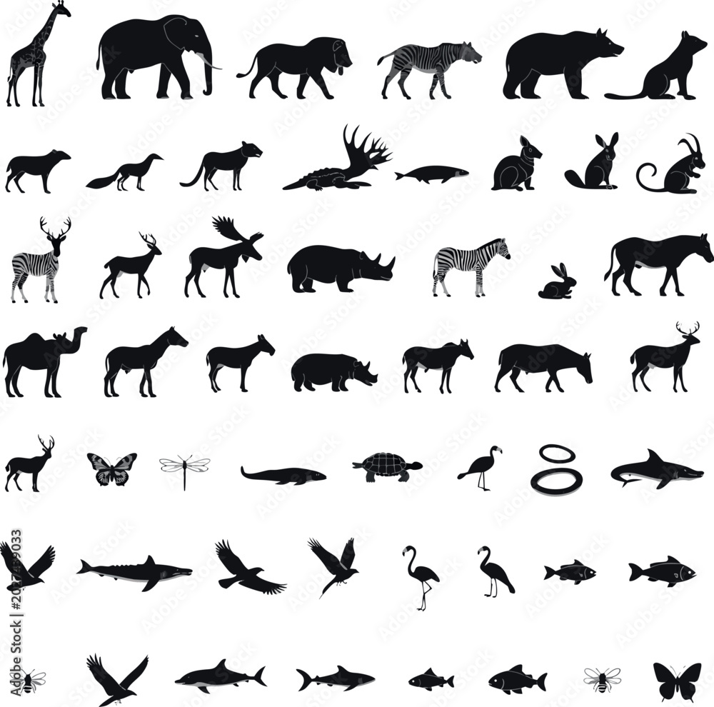 Naklejka premium Wild Animal Silhouette Collection Vector Set Isolated on White Background