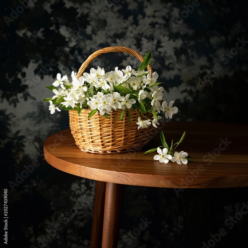 White Flowers in a Basket on a Wooden Table Near a Patterned Wall in a Bright...