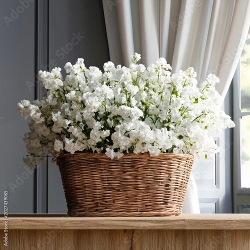 White Flowers in a Woven Basket on a Wooden Table Near a Window With Curtains