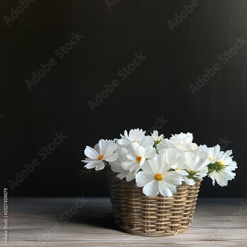 White Flowers in a Woven Basket on a Wooden Table Near a Window With Curtains
