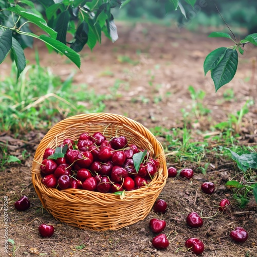 Fresh Cherries in a Basket on the Ground Under a Tree in a Garden During Summer