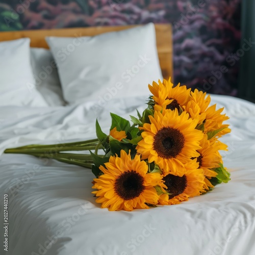 Sunflowers on Wall Art Above Bed With Bouquet on Bedding in Cozy Room Setting