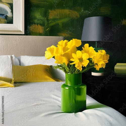 Yellow Flowers in Green Vase on Bed With Dark Lamp and Artwork in Room