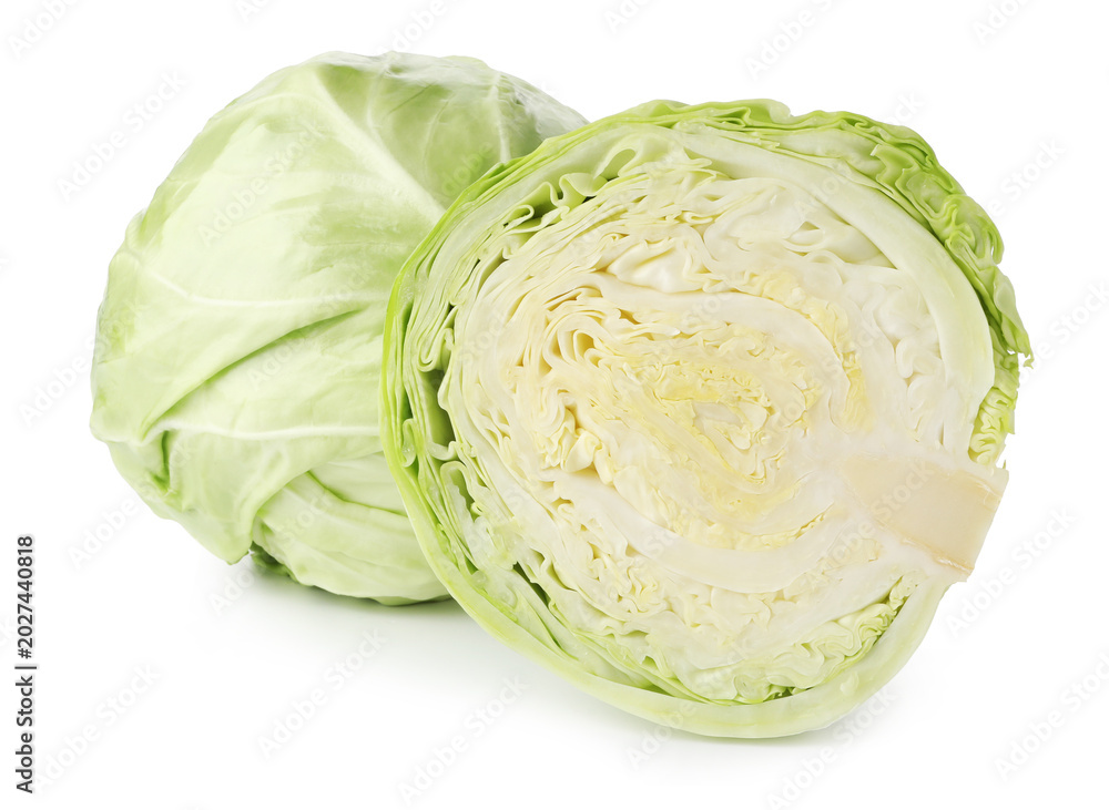 Obraz premium Whole and cut fresh cabbages isolated on white